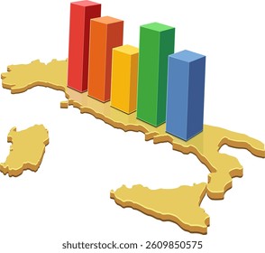 3D yellow map of Italy with one of the multicolored statistic bars placed on it (cut out)