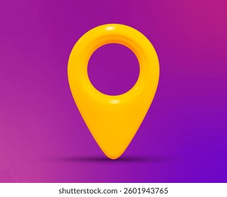 3d yellow map location pointer. Pin code icon of the geolocation map. Plastic cartoon style. Stock vector illustration on neon isolated background.	
