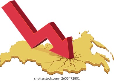3D yellow map of russia with a downward arrow making cracks on the map (cut out)