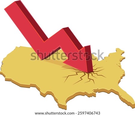 3D yellow map of the United States with a red arrow going down and cracking the map (cut out)