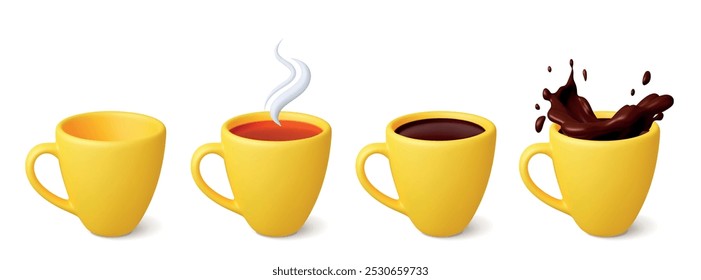 3d Yellow mug 3d icon. Isolated empty cup tea coffee and chocolate splash. Crockery realistic render design. Cups with drinks, hot beverages vector set