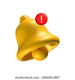 3D yellow notification bell icon with a red badge displaying the number one, isolated on a white background. Shiny metallic ringing bell symbolizing alerts, messages, notifications, and reminders in