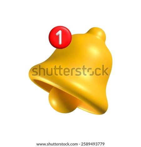 3D yellow notification bell icon with a red badge displaying the number one, isolated on a white background. Shiny metallic ringing bell symbolizing alerts, messages, notifications, and reminders.