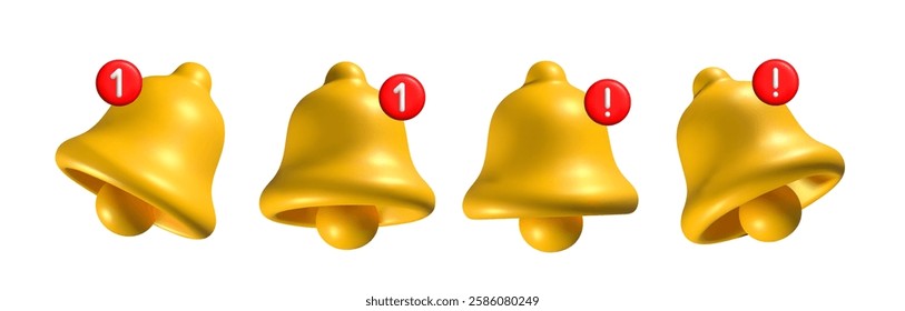3D yellow notification bell icons with red alert badges, isolated on white. Shiny metallic bells with number and exclamation mark messages, alerts, and notifications in digital communication.