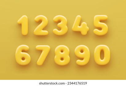 3D Yellow number 1,2,3,4,5,6,7,8,9 and null with a glossy surface on a yellow background