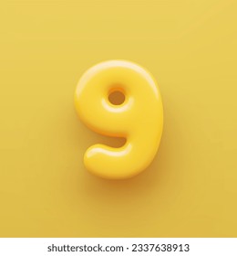 3D Yellow number 9 with a glossy surface on a yellow background .