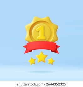 3d Yellow number one award badge with a red banner and three gold stars, top ranking, excellence, or recognition. first place award, abstract winner badge sign. 3d rendering. Vector illustration