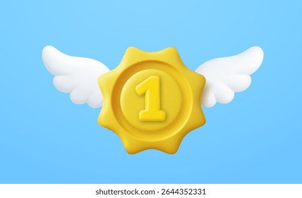 3D yellow number one badge with white wings, symbolizing top achievement, success, or heavenly victory. 3d rendering. Vector illustration