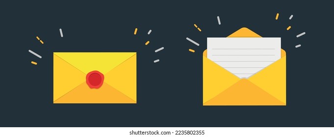3D Yellow Open and Closed Mail Envelope Isolated on White. Render Paper Envelope Icon. Concept of New or Unread Email Notification. Message, Contact, Letter and Document. Vector 10 EPS.