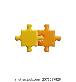 3D yellow and orange jigsaw puzzle two pieces connected. Assembled jigsaw part logic game vector icon. Symbol of teamwork for best solution, problem solving, success strategy, brainstorm