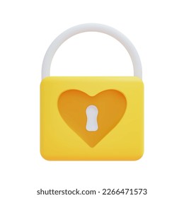 3 d vector de icono de candado amarillo. Una señal de fuerte amor inquebrantable. 3d concepto de valentina, amor, aniversario y fidelidad. Aislado sobre fondo blanco. Ilustración del vector de icono 3d.