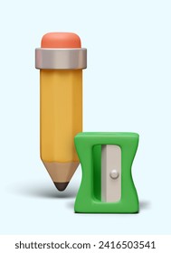 3D yellow pencil, green sharpener. Colored stationery in cartoon style