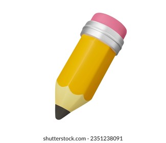 3D yellow pencil for school or education. Realistic cartoon element on white background.Isolated vector illustration