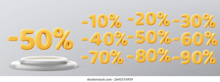 3d amarelo porcentagem números de desconto coleção com pódio branco na dg cinza - várias taxas de venda de 10 a 90 off para banners promocionais, campanhas de marketing e projetos de publicidade de varejo.