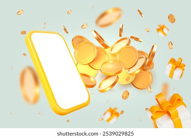 3d amarelo telefone e explosão ouro brilhante moedas com caixa de presente voadora no fundo isolado claro. Rico ou conceito de sorte do cassino. Precioso tesouro caro. Ilustração do vetor de estoque.	