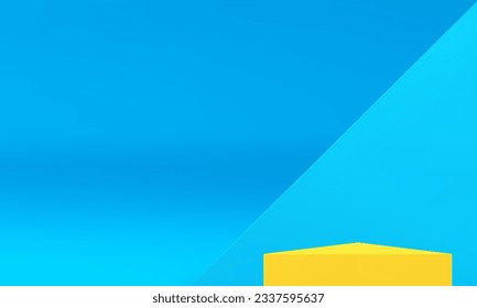 3d yellow podium with blue triangle wall backdrop modern showroom interior realistic vector illustration. Trendy render geometric pedestal showcase abstract shape for product commercial presentation