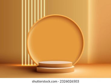 Podio amarillo 3D y fondo de círculo en color amarillo fondo. Este escaparate de concepto interior, acentuado por las luces de neón, es una forma perfecta de mostrar tus productos. Ilustración del vector