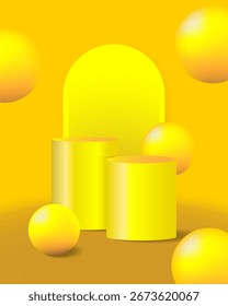 3D yellow podium mockup with floating spheres and bright background, perfect for product display, cosmetics, or creative presentation.