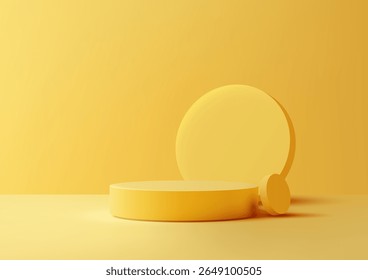 3D yellow podium scene showing a tall cylindrical backdrop and small circular element, designed for modern product display, mockup, or branding presentation in a studio setting