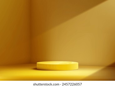 3D yellow podium sits in a corner of a yellow studio room background, modern concept, product display, mockup, showroom, showcase. Vector illustration