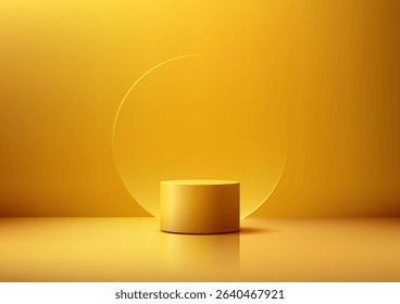 3d yellow podium stand with transparent glass, elegant product displays, presentations, or mockups on a warm golden background, ideal for modern showcases and stylish branding