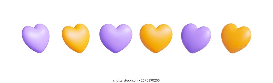 3D yellow and purple hearts. Vector icons.