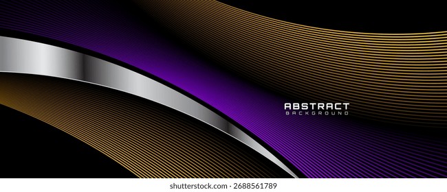 Las líneas púrpuras amarillas 3D del fondo abstracto techno se superponen en el espacio oscuro con la decoración de las ondas plateadas. Concepto moderno del estilo de las rayas del elemento de Diseño gráfico para el Web, el volante, la tarjeta, o la cubierta del folleto