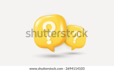 3D yellow question mark icons in speech bubble shape, isolated on white background, FAQ concept, help symbol, customer support, curiosity, problem solving, communication, inquiry illustration.