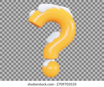 Signo de interrogación amarillo 3D con nieve. Símbolo de la solución del problema de Faq. Ilustración vectorial sobre fondo aislado.