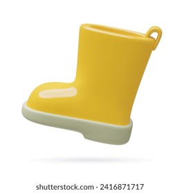 3d yellow rain rubber boot icon. Realistic minimal gardening foot wear three dimensional vector illustration isolated on white background.