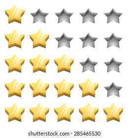3D yellow ranking stars vector template isolated on white background.