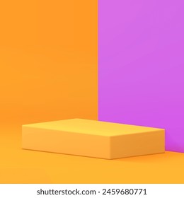 3d yellow rectangle podium pedestal modern bright stand for product show realistic vector illustration. Geometric display with purple wall background shopping sale commercial presentation