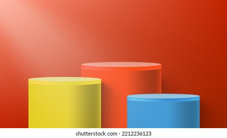 3D Yellow, Red And Blue Corrugate Color Cylinder Podiums. EPS10 Vector