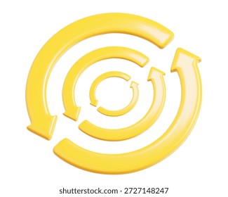 Icono de flechas de refresco o reciclaje amarillo 3D. Estilo de dibujos animados. Ilustración vectorial de stock sobre fondo aislado. 
