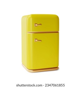 3d Yellow Refrigerator Cartoon Style Home Preserve Food Concept Kitchen Electric Appliance. Vector illustration of Vertical Fridge