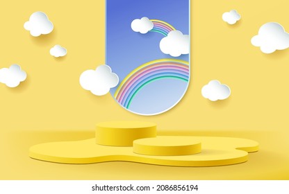3d yellow rendering with podium and cloud scene.
