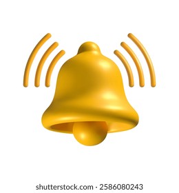 3D yellow ringing bell icon with sound waves, isolated on white. Shiny metallic notification bell symbolizing alerts, reminders, and sound effect in digital communication and mobile applications.