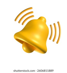 3D yellow ringing bell icon with sound waves, isolated on a white background. Shiny metallic notification bell symbolizing alerts, reminders, and sound effects in digital communication and mobile