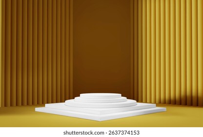 3d yellow room background with white podium and column. Product display with platform. Abstract geometric light scene.