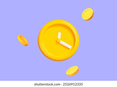 3d yellow round clock icon with flying coins. Time is money concept. Cartoon minimal style. Stock vector illustration on lilac isolated background.	
