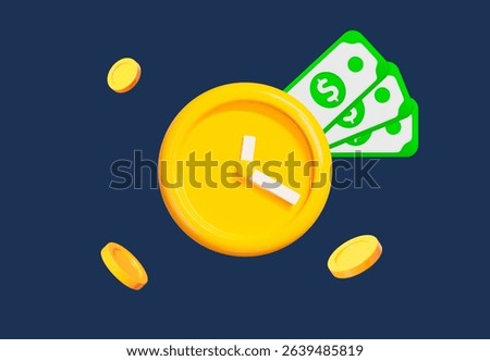3d yellow round clock icon with flying coins, money. Time is money concept. Cartoon minimal style. Stock vector illustration on blue isolated background.	
