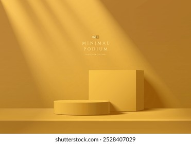 3D yellow round and cube podium with empty wall background. Abstract geometric composition in minimalist design. Studio display showroom stand product pedestal, Fashion stage showcase mockup scene.