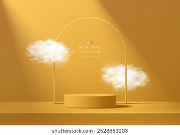 3D yellow round podium background with floating cloud, Arch frame backdrop. Abstract composition minimalist design. Studio display showroom stands product pedestal, Fashion stage showcase mockup scene