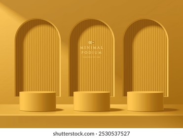 Fondo de podio redondo amarillo 3D con ventanas de marco de arco detrás. Composición geométrica Abstractas de diseño minimalista. Pedestal del producto del soporte de la sala de exposición del estudio, escena de maqueta del escaparate de moda.