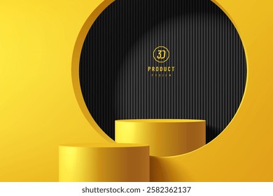 3D yellow round podium background with black circle window. Abstract composition minimalist design. Studio display showroom cosmetic stand product pedestal, Fashion stage showcase mockup wall scene.