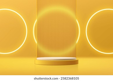 3D yellow round podium background with glow circle neon light. Abstract composition minimalist design. Studio display showroom cosmetic stand product pedestal, Fashion stage showcase mockup wall scene