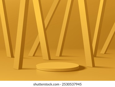 3D yellow round podium with many cubes pillars background. Abstract composition in minimalist design. 3D studio display showroom stands cosmetic product pedestal, Fashion stage showcase mockup scene.