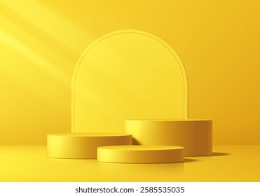 3D yellow round podium set background with arch backdrop. Abstract geometric composition in minimalist design. Studio display showroom product pedestal, Luxury fashion stage showcase mockup wall scene