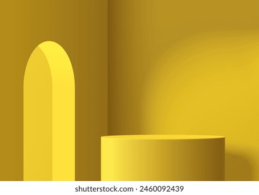 3D yellow round product podium background with arch gate and natural light. Abstract composition in minimal design. 3D studio showroom product pedestal, Fashion showcase mockup scene. Banner cosmetic.