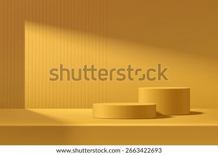3D yellow round product podium on desk or table background with shadow. Abstract geometric composition minimalist design. Studio display showroom stands pedestal, Fashion stage showcase mockup scene.